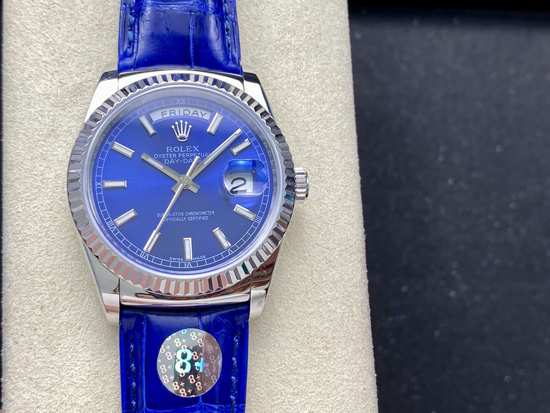 Rolex Day Date 36mm White Gold Fluted Bezel 118139 0004 Blue Index